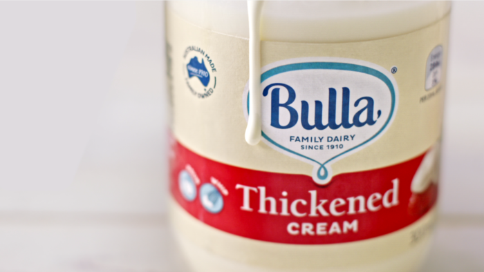 Peachy Keen Colourist Angela Cerasi colour graded this shot of a Bulla Thickened Cream bottle with a drip of cream running down the side of the label, for the brand campaign for Bulla "Craft"